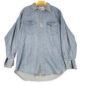 ELY CATTLEMAN Denim Western Shirt‎ Long Sleeve Pearl Snap Blue Mens Size L